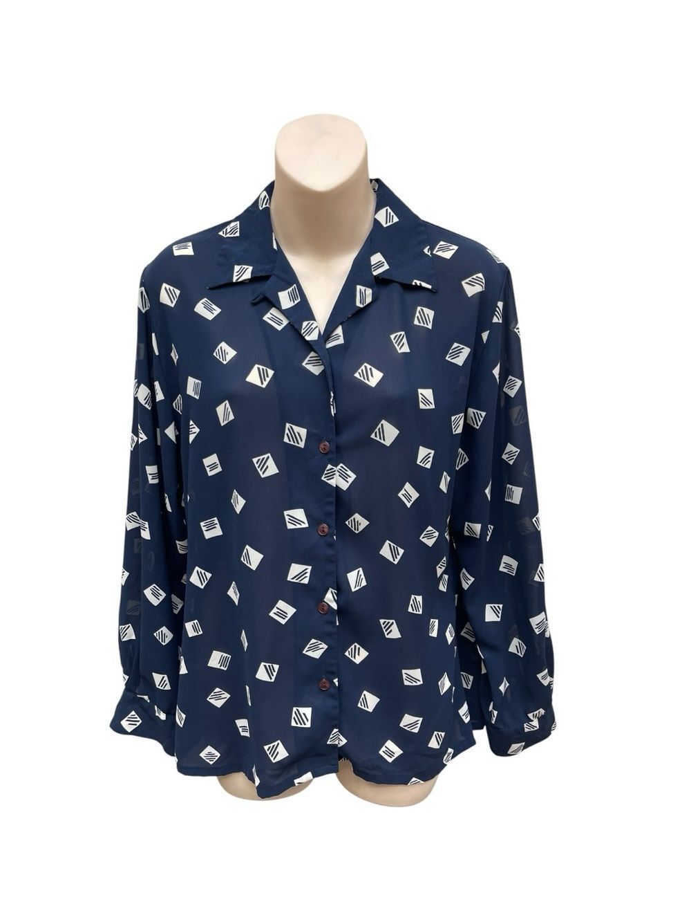 Vintage Pendleton Sophisticates Navy Geometric Button Front Blouse Made in USA